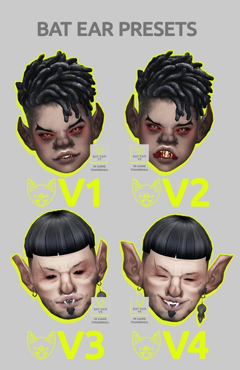 Bat Ear Presets | gerbithats on Patreon Sims 4 Monster Skin, Sims 4 Monster Cc, Sims Accessories, Los Sims 4 Mods, Bat Ears, Fantasy Play, Sims 4 Patreon, Cottagecore Clothes, Goth Glam