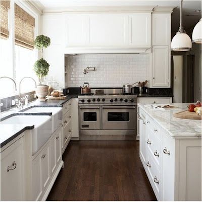 Double Farmhouse Sink, Black Marble Countertops, White Kitchen Cabinets, Marble Countertops, White Cabinets, Beautiful Kitchens, Side By Side, White Kitchen, Dream Kitchen