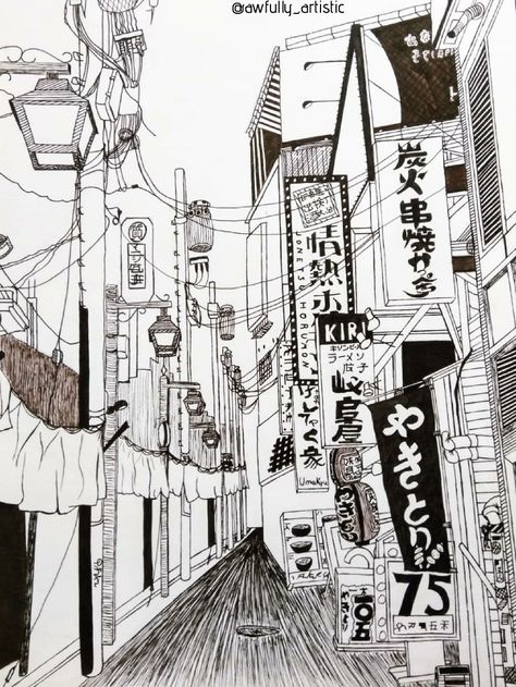 Anime City Sketch, Portrait Background Ideas Drawing, Japanese City Drawing, Japanese Street Drawing, City Pencil Drawing, Manga Scenery, Japanese Street Art, Atmosphere Drawing, Street Background