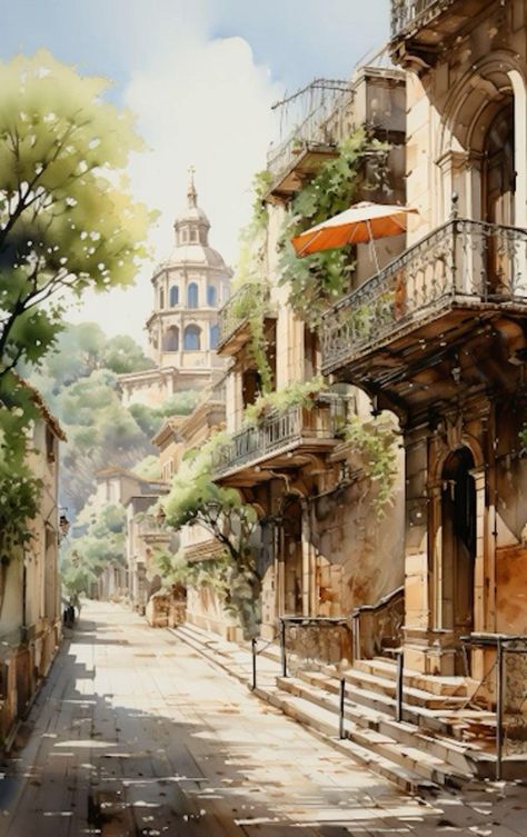 Rome Street Print - Vintage Mediterranean Cityscape  Step into the charm of old-world Italy with this stunning digital watercolor painting, featuring a sunlit Roman street with elegant historic balconies, lush greenery, and a majestic cathedral in the background. The warm ochre tones and soft brushstrokes make this artwork perfect for Mediterranean, rustic, and travel-inspired decor. ✨ Why You'll Love It: ✔ Captures the romantic charm of Italy's historic streets 🏛 ✔ Ideal for travel lovers, history buffs, and Mediterranean aesthetic fans ✈ ✔ Creates a cozy and elegant ambiance in any space 🏡 Ideal for Home Decor: ✔ Living Room & Entryway 🚪 ✔ Office & Study Room 📚 ✔ Bedroom & Travel-Themed Interiors 🛏 🎁 Great Gift Idea: ✔ For travelers & lovers of Italian culture 🌍 ✔ Perfect for arch Rome Streets, Travel Inspired Decor, Mediterranean Aesthetic, Mediterranean Architecture, Architecture Painting, Italian Culture, City Landscape, Digital Watercolor, Stitch Art