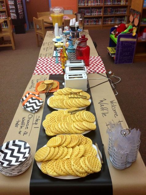 Waffle bar- This would be a good FRG breakfast fundraiser! Coffee Sayings, Waffle Bar, Breakfast Party, Party Bars, Staff Appreciation, 12th Birthday, Brunch Party, 11th Birthday, Sleepover Party