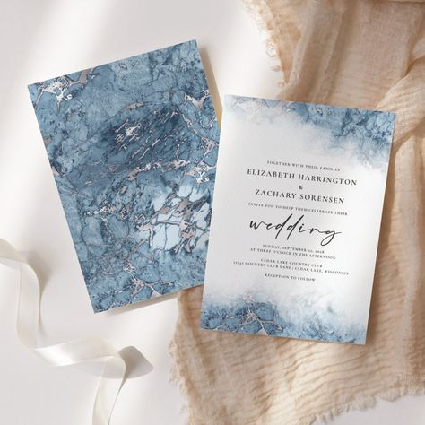 Chic Marble Blue Silver Wedding Invitation Dusty Blue Silver Wedding, Light Blue Invitations, Blue Silver Wedding, Watercolor Border Design, Light Blue Wedding Invitations, Silver Wedding Invitation, Blue Silver Weddings, Handwriting Script, Watercolor Border