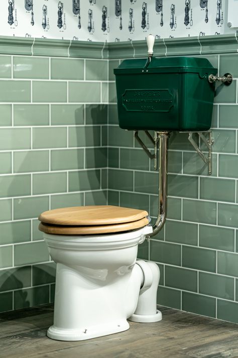 Thomas Crapper cloakroom toilet in British Racing Green @ThomasCrapperCompany , create a feature with a traditional downstairs toilet and bathroom with a Huddersfield based, British manufactured sanitaryware Thomas Crapper Toilet, Thomas Crapper, Toilet And Bathroom, British Bathroom, Cloakroom Toilet, Mens Bathroom, Green Interior Design, Downstairs Loo, Downstairs Toilet