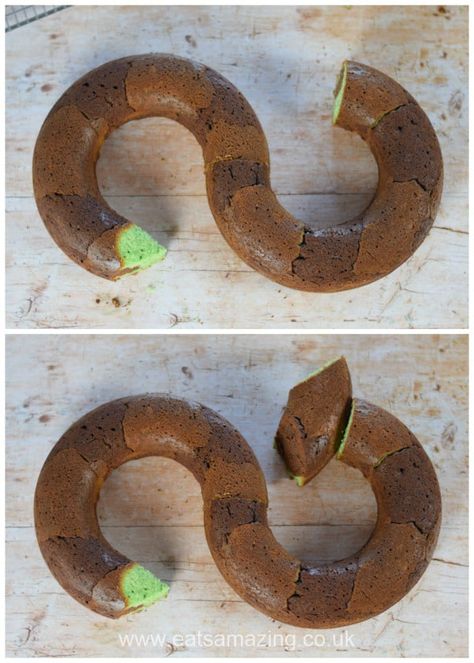 Birthday cake idea for kids - fun snake cake recipe - step 5 assemble cakes in snake shape Cobra Cake Ideas, How To Make A Snake Cake, Snake Cake Tutorial, Snake Shaped Food, Snake Cakes For Boys, Snake Party Food, Reptile Cake Ideas, Reptile Cakes For Boys, Snake Cakes For Kids