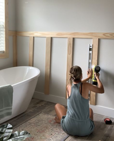 Adding a classic board and batten wall can completely change a space! Board And Batten Half Bath, Bathroom Board And Batten, Board And Batten Bathroom, Bathroom Wall Board, Batten Bathroom, Fixer Upper Bedrooms, Diy Board And Batten Wall, Batten Diy, Diy Board And Batten