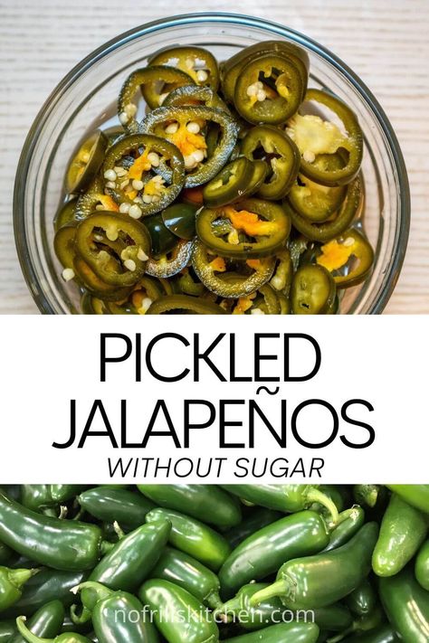 These quick pickled jalapeños without sugar are super easy to make and addictively delicious! Pickled Whole Jalapenos Recipe, Pickled Jalapeno Recipe, Canning Jalapeno Peppers, Pickled Apples, Canned Jalapenos, Pickled Jalapenos, Fermented Pickles, Quick Pickled, Jalapeno Recipes