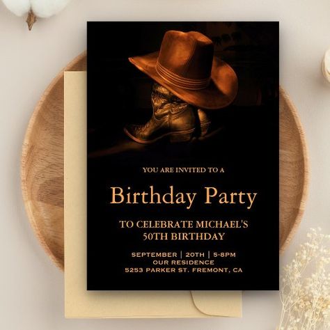 $3.08 | Rustic Cowboy Hat and Boots Birthday Party #cowboy, birthday, cowboy shoes, western, country, wild west, ranch, farm, 30th 40th 50th 60th 70th, adult Vaquero Theme Party Invitations, Vaquero Invitations, Western Birthday Party Invitations, Vaquera Invitations, Western Invitations Template, Rodeo Invitations, Cowboy Theme Party For Adults, Boots Birthday Party, Cowboy Birthday Party Decorations