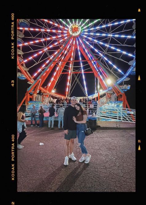 #couple #film #carnival #fair #statefair #ferriswheel #cute #love #coupleromantic #pose #coupleposesideas #jeans #nike #couplesphoto #backwardshat #purse #inlove Fairs Wheel, Film Couples, Backwards Hat, Couples Photo, Portra 400, Kodak Portra, State Fair, Cute Love, Ferris Wheel