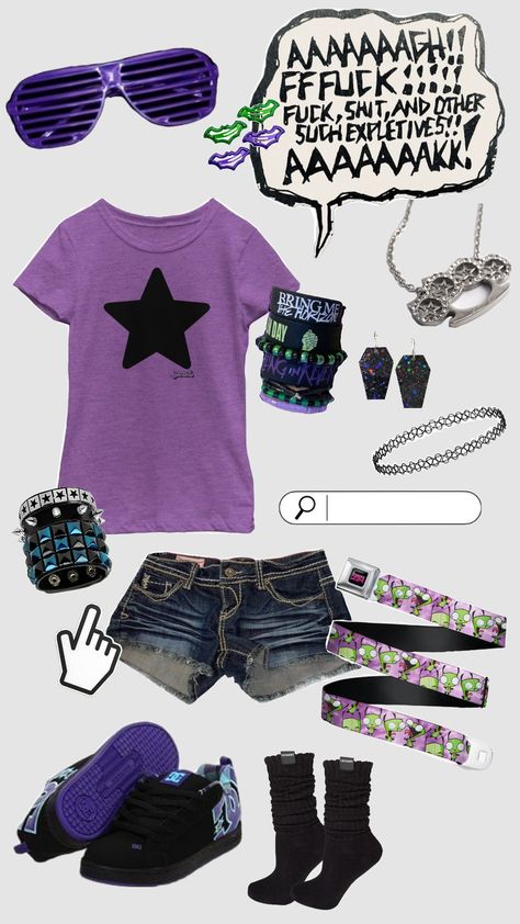 #emo #purple #outfit #scene #scenekid #scenemo Purple Emo Outfits, Purple Scene Outfits, Indie Scene Outfits, Scene Outfits Aesthetic, Scenemo Outfits, Scene Shirts, The Scene Aesthetic, Emo Fits, Emo Teen