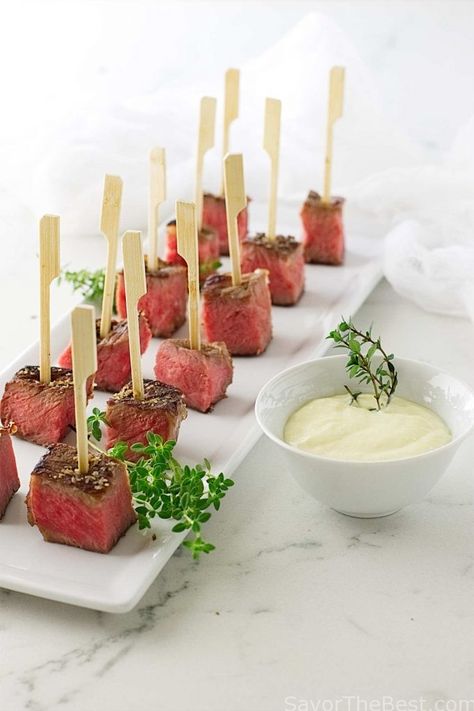 Beef Steak Bites with Fresh Horseradish Aioli Sauce... Beef Steak Bites, Horseradish Aioli, Steak Appetizers, Classy Appetizers, Fresh Horseradish, Aioli Sauce, Rare Steak, Appetizer Ideas, Steak Bites