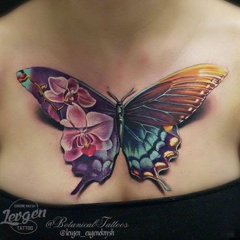 Butterfly and orchid tattoo A Butterfly Tattoo, Realistic Butterfly Tattoo, 3d Butterfly Tattoo, Orchid Tattoo, Finger Tats, Geniale Tattoos, Tattoo Henna, Botanical Tattoo, Butterfly Tattoo Designs