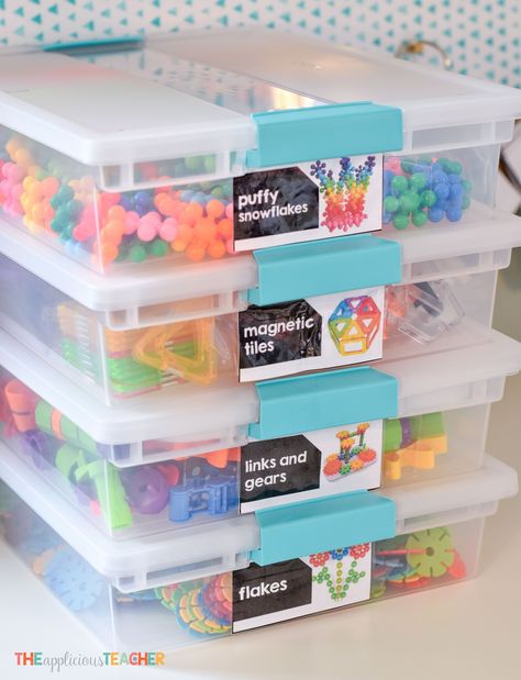 Table Supply Bins For Classroom, Stem Boxes First Grade, Classroom Toys Kindergarten, Stem Bin Storage Ideas, Kindergarten Classroom Toys, Stem Bins 4th Grade, Stem Bins First Grade, Classroom Organization Preschool, Classroom Decor Preschool