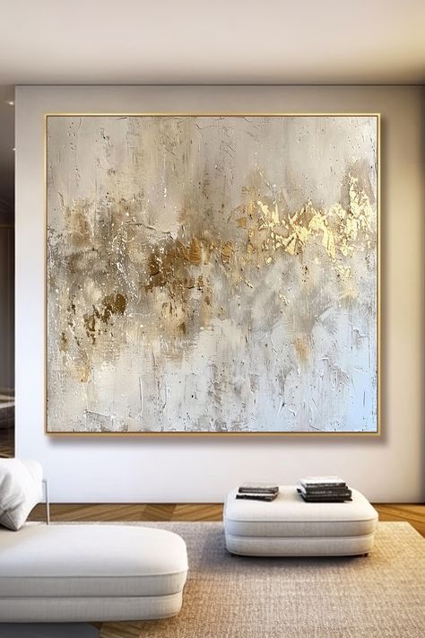 Original handmade abstract painting with textured beige background and gold leaf accents, creating an elegant and luxurious look Gold Abstract Painting, Textured Layers, Modern Art Decor, Gold Leaf Painting, Handmade Artwork, Gold Leaf, Unique Pieces, Modern Art, Abstract Painting