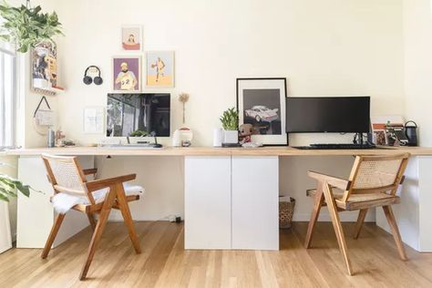 23 IKEA Desk Hacks for Customizing Your Workspace Bureau Hack Ikea, Diy Desk For Two, Desk For Two, Diy Study Table, Office For Two, Ikea Desk Hack, Desk Hacks, Double Desk, Hack Ikea