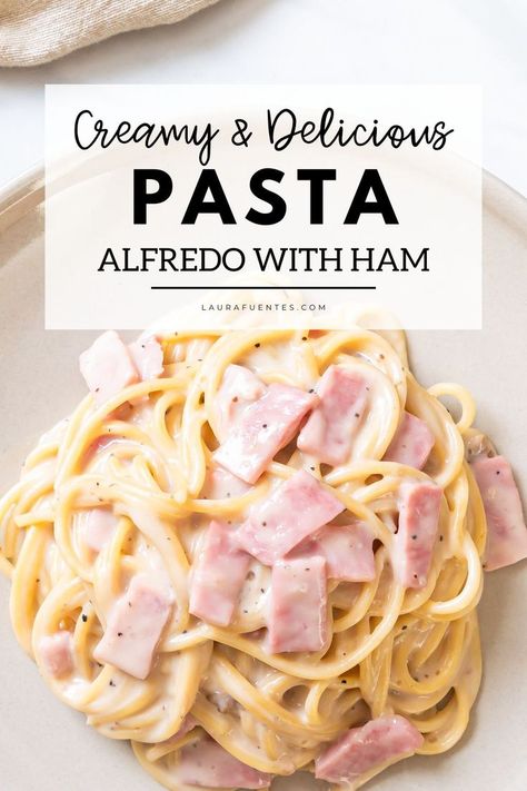 creamy alfredo with ham Ham Pasta Recipes, Easy Alfredo Recipe, Ham And Cheese Pasta, Fettucini Alfredo, Ham Pasta, Cream Sauce Pasta, Homemade Ham, Pasta Recipes Alfredo, Pasta Alfredo