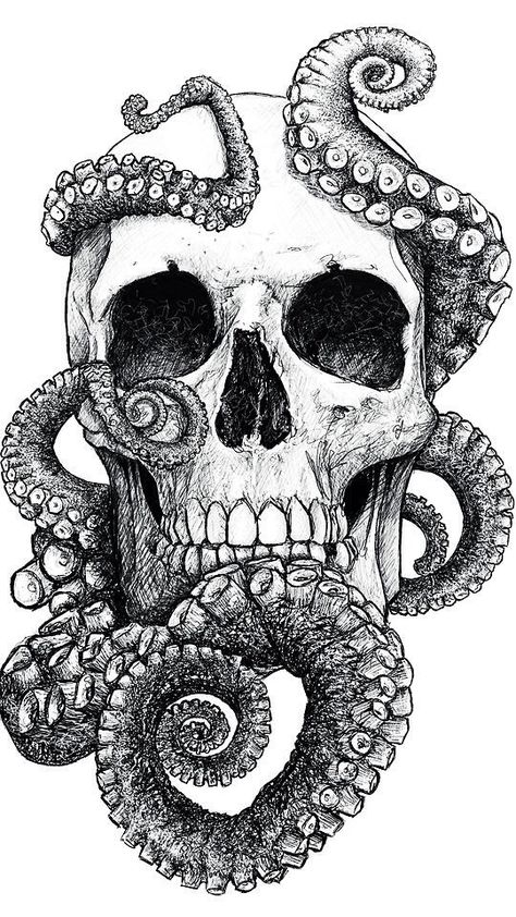 Skulls: #Skull with octopus tentacles.                                                                                                                                                     More Octopus Skull Tattoo, Tentacle Tattoo, Octopus Skull, Octopus Tattoos, Kunst Tattoos, Octopus Tattoo, A Skull, Skull Tattoos, Thigh Tattoo