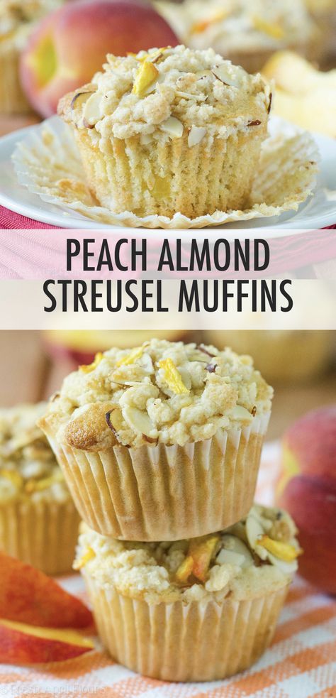 Moist and tender peach muffins, accented with almond extract and topped with a sweet and crunchy almond streusel. Peach Muffins Recipe, Ice Cream Peach, Peach Streusel, Peach Muffin Recipes, Muffins With Streusel Topping, Peach Muffins, Almond Muffins, Frozen Peaches, Peach Dessert