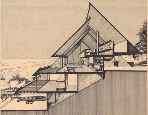 Triangular Architecture, Slope House, Dunes House, Hillside House, Architecture Design Sketch, Atlantic Beach, Architectural Drawing, House On A Hill, House Architecture Design