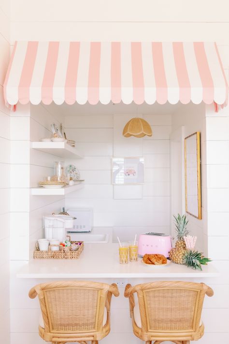 Palm Beach Lately's Pineapple Pad Vacation Rental. Pink and white stripe awning House Dressing, Design Hack, Pink Houses, Guest Suite, Cubbies, Interior Design Trends, Small Kitchen, Pink And White, Palm Beach