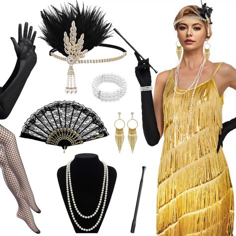 PRICES MAY VARY. 【Great Value 1920s Women Outfit】You will receive 12pcs 1920 flapper girl outfits, including a yellow sequin fringed dress, a feather headpiece designed with diamond, a lace fan, a three-layer bracelet, a pearl necklace, a handheld props, a pair of long glove, a pair of gemstone earrings and a pair of fishing net socks. Rich accessory set perfectly meets your 1920s theme party dress up needs. 【Carefully Selected Materials】Our 1920 women's dress is made of high-quality shredded mi The Great Gatsby Theme Party Outfits, Classy Halloween Costumes Couples, Harlem Nights Theme Party Fashion Outfit, Roaring 20s Party Outfit Women, 1920s Themed Party Outfit, Harlem Nights Outfits, 1920s Theme Party, Gatsby Party Outfit Women, Gatsby Christmas