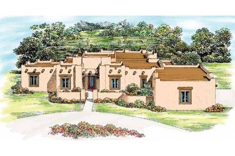 Plan #72-339 - Houseplans.com This. Adobe House Plans, Southwestern House Plans, Southwestern House, Southwest House Plans, Beach Style House Plans, Southwest House, Castle Plans, New Mexico Homes, Adobe Home