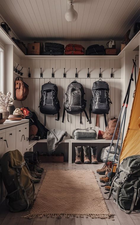 A Scandinavian-style room with a clean, minimalist backpacking gear wall and neatly arranged gear. Gear Room Ideas, Minimalist Backpacking, Backpack Wall, Outdoor Gear Storage, Camping Gear Storage, Gear Wall, Gear Room, Mud Room Entry, Gear Storage