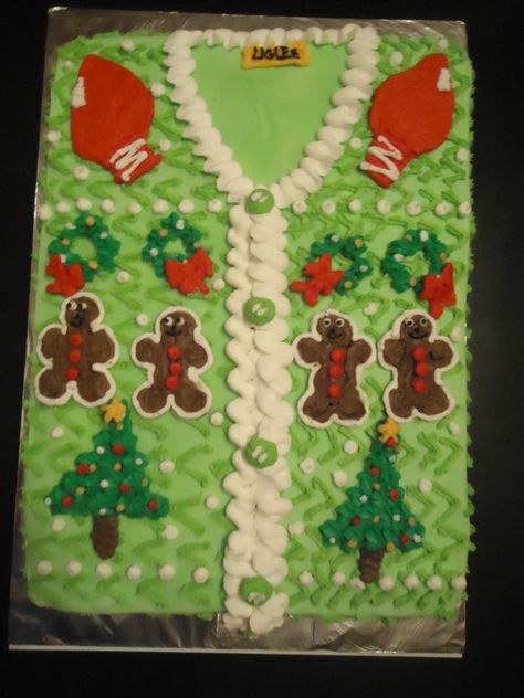 ugly Christmas sweater cake Ugly Sweater Cupcake Cake, Ugly Christmas Sweater Cake Ideas, Ugly Sweater Cupcakes, Ugly Sweater Cake Ideas, Ugly Sweater Baby Shower Ideas, Christmas Sweater Cake, Ugly Christmas Sweater Cake, Ugly Sweater Cake, Sweater Cake