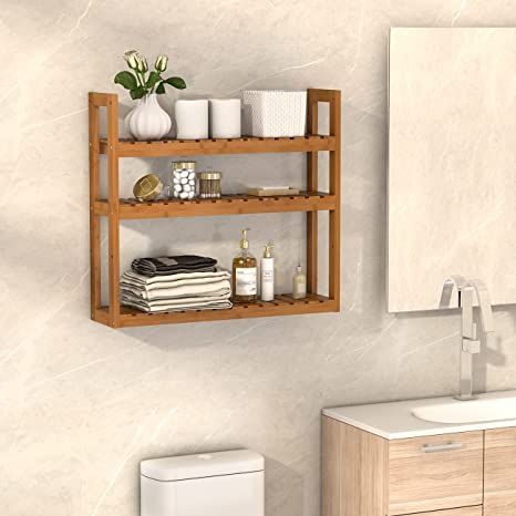 Domax Bamboo Bathroom Shelf 3-Tier Wall Mount Storage Rack Multifunctional Adjustable Layer Free Standing Over Toilet Utility Shelves Living Room Kitchen (Walnut) Kitchen Walnut, Wall Mounted Storage Shelves, Over Toilet Storage, Wall Mount Storage, Bathroom Shelves Over Toilet, Bathroom Shelf Organization, Shelves Living Room, Utility Shelves, Bamboo Shelf