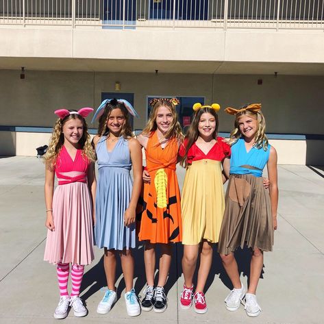 5 Girls Halloween Costume Ideas, 5 Girl Halloween Costumes, Pooh And Friends Costume, Simple Costume Ideas For Women, Cute Last Minute Halloween Costumes, Cartoon Characters Costumes Ideas, Short Circle Skirt, Pooh Costume, Disney Princess Inspired Outfits