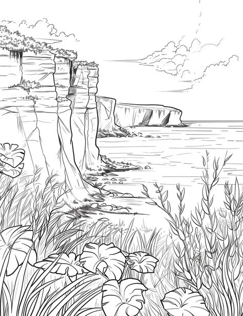 The picture shows a beautiful landscape with cliffs and a sea. In the foreground, there is a lot of vegetation ->> more details in ai-img-gen.com River Drawing Simple, Cliff Sketch, Cliff Drawing, Ocean Cliff, Drawings To Try, Perspective Sketch, Ink Pen Art, Watercolor Art Landscape, Clouds In The Sky