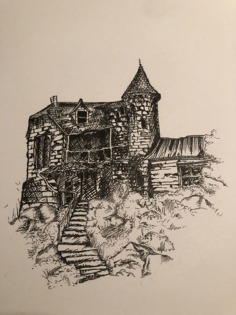 A drawing of The Shrieking Shack by Lauren Bekker Micron Fineliners, Shrieking Shack, New Sketchbook, Scary Drawings, Harry Potter Illustrations, Man Illustration, Harry Potter Drawings, Sketchbook Drawings, Arte Sketchbook