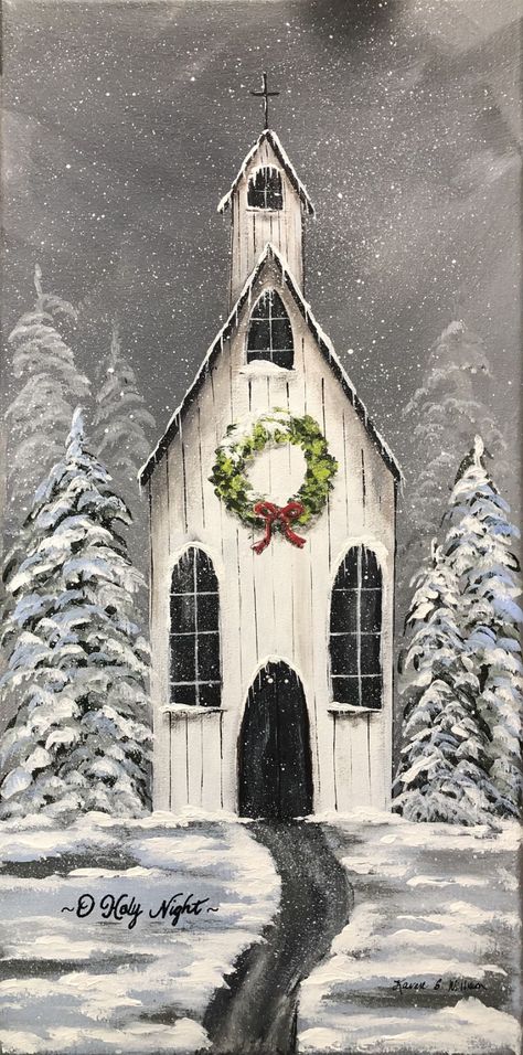 Mc Daniel, Old Country Churches, Christmas Canvas Art, Barn Painting, Wood Painting Art, Diy Watercolor Painting, Christmas Tree Painting, Holiday Painting, Winter Painting