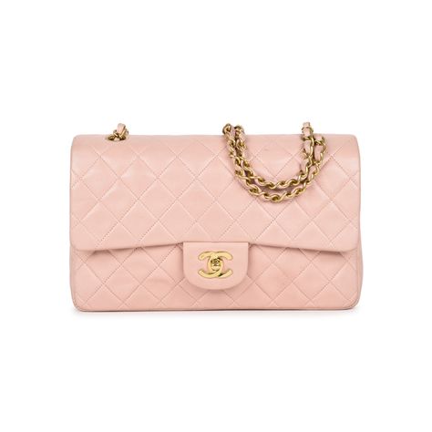 Chanel Medium Classic Double Flap bag from 1994-1996 Crafted in a light dusty rose lambskin leather and designed with their signature diamond quilted design detail. The bag also comes with their iconic leather chain straps and 'CC' turnlock closure all made from 24k gold toned hardware. It includes a back slip pocket compartment placed on the exterior, a zipped compartment on the inner top flap, and the main compartment itself comes with three different other slip compartments secured by a sing Light Pink Purse, Handbags Chanel, Quilted Purses, Quilted Handbags, Pink Chanel, Chanel Purse, Pink Handbags, Pink Purse, Chain Shoulder Bag