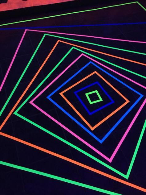 Fluorescent tape on dance floor Glow In The Dark Floor Ideas, Dance Party Backdrop, Glow In The Dark Table Decorations, Black Light Tape Ideas, Blacklight Tape Ideas, Neon Dance Ideas, Glow Party Dance Floor, Glow Dance Party Ideas, Glow Party Floor Design