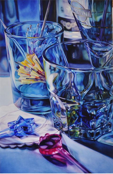 Blue Cocktail by Kate Brinkworth | Medium: Oil on Board Kate Brinkworth, Reflection Art, Ap Studio Art, Blue Cocktails, Cocktail Art, Realistic Paintings, Gcse Art, Foto Art, A Level Art