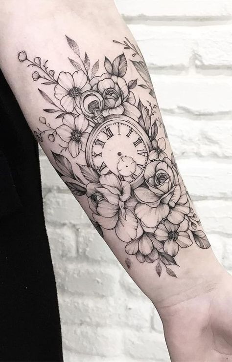 Clock Tattoo Sleeve, Carnation Tattoo, Pocket Watch Tattoos, Clock Tattoo Design, Tattoos For Women Half Sleeve, Watch Tattoos, Leg Tattoos Women, Clock Tattoo, Thigh Tattoos Women