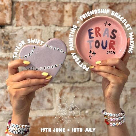 Join us in celebrating The Eras Tour’s arrival to the UK with our paint your own trinket dish + friendship bracelet making workshop, set to the backdrop of all your favourite Taylor’s version tunes🪩🕺🥂🎨 £25pp includes: Trinket dish (choice of 3 designs) Studio fee Beads + equipment to make up to 2 friendships bracelets each 🗓️ 19th June + 10th July 🕞 From 6pm Head to our website to book for parties up to 6 people (drop us a DM for larger bookings). Limited places available.🤍 www.craftandco... Eras Tour Pottery Painting, Taylor Swift Pottery, Friendship Paintings, Friendship Bracelet Making, Paint Pottery, Diy Studio, Clay Inspo, Diy Pottery Painting, Clay Things