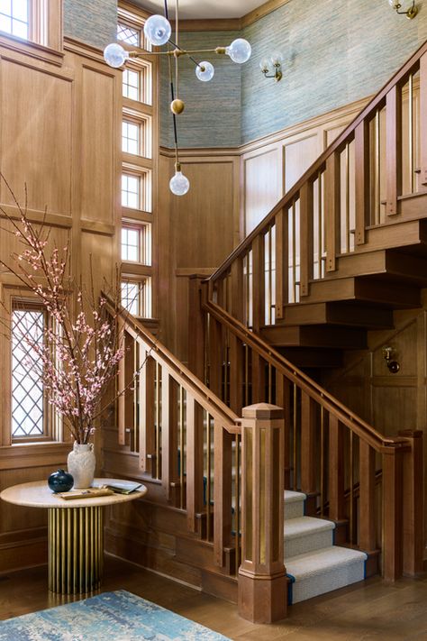 Modern Tudor, Tudor Style Homes, Foyer Design, Entry Way Design, Tudor Style, Entrance Decor, Wood Panel Walls, Entryway Furniture, Staircase Design