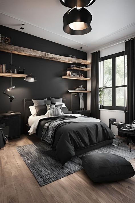 Modern Day Bedroom Ideas, Black Wall Bedroom Modern, Modern Guys Bedroom Ideas, Black Paint Bedroom Ideas, Dark Wall Room Ideas, Dark Loft Bedroom, Dark Grey Bed Ideas Color Combinations, Dark Wall In Bedroom, Boy Teen Bedroom Ideas