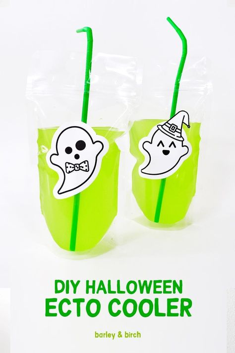 Our healthier DIY Ecto-Cooler recipe - with a cute dress-up ghost sticker printable. Perfect for a kids Halloween party! | via barley & birch | via @barleyandbirch Ecto Cooler, Kids Halloween Party, Sticker Printable, Easy Birthday, Blue Food Coloring, Juice Boxes, Halloween Books, Blast From The Past, Kids Learning Activities