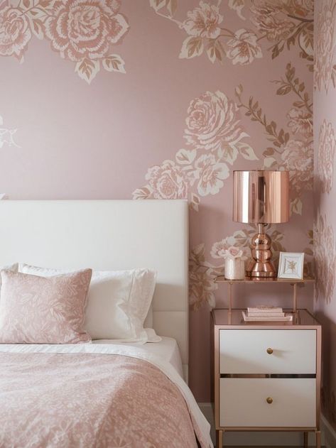 Liven up a mauve girls bedroom with a trendy accent wall. Try using removable wallpaper in a bold floral or geometric pattern for added style. Complete the look with modern white furniture and accents in gold or rose gold for a sophisticated touch. Mauve Girls Bedroom, Modern White Furniture, Gold Accents Bedroom, Soccer Themed Bedroom, Gold Paint Colors, Gold Accent Wall, Rose Gold Painting, Rose Gold Wallpaper, Bedroom Accent