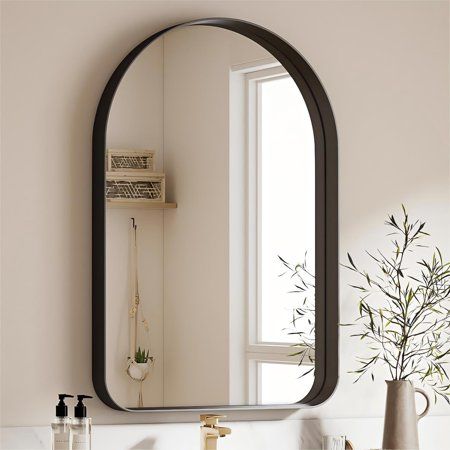 Anyrose Decorative Bathroom Mirror - Where Style, Practicality, and Quality Meet Ideal for both decorative accents and everyday utility, the Anyrose Mirror is the ultimate choice for those seeking beauty and functionality in one elegant piece. Whether you're getting ready for a special occasion or starting your day, indulge in the perfect fusion of fashion-forward design and practical convenience with the Anyrose Decorative Bathroom Mirror. Size: 24" x 36".  Color: Black. Black Vanity Gold Mirror, Black Mirror Silver Faucet Bathroom, Bathroom Mirror Single Sink, Small Bathroom Vanity Mirror Ideas, Wood Bathroom Mirrors, Mid Century Bathroom Mirror, Bathroom Black Hardware, Silver Faucet Bathroom, Small Bathroom Mirror Ideas