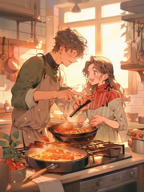 Couple Studying Together Anime, Cute Anime Couple Cooking, Couple Cooking Together Drawing, Drawing Body Poses Holding Phone, Couple Cooking Drawing Reference, Couple Cooking Drawing, Wholesome Couple Art, Anime Character Eating, Date Ideas Long Distance