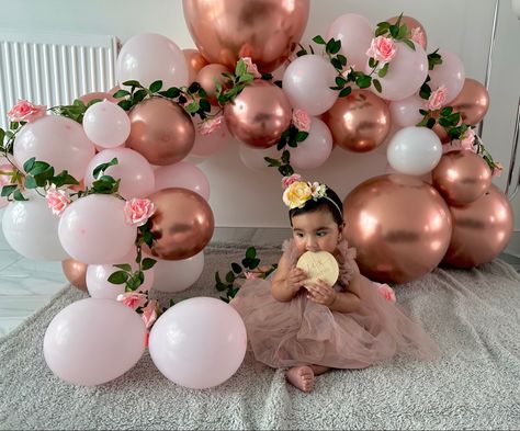 Birthday/half birthday balloon arch idea, backdrop, photography Birthday Balloon Arch, Backdrop Photography, Half Birthday, Balloon Arch, Birthday Balloons, Birthday Decorations, Arch, Balloons, Rose Gold