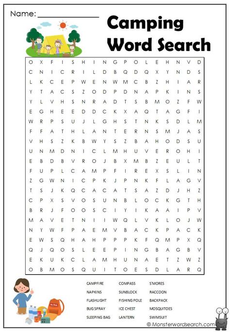 camping word search 2 - Monster Word Search Camping Word Search, Camping Worksheets, Book Camp, Camp Classroom, Spring Word Search, Family Literacy Night, Learning Websites For Kids, Free Word Search Puzzles, Word Search For Kids