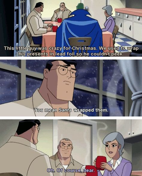 Christmas at the Kent home ^.^ oh how cute superman still believes in Santa Claus!!! Lol Christmas Superhero, The Bat Man, Justice League Unlimited, Love Funny, Batman Comic Art, Dc Memes, Dc Movies, Marvel Stuff, Detective Comics