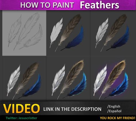 Paint Feathers, Painting Exercises, Outdoors Tattoo, Art Resources, Feather Painting, Feather Art, Digital Painting Tutorials, Painting Videos, Digital Art Tutorial