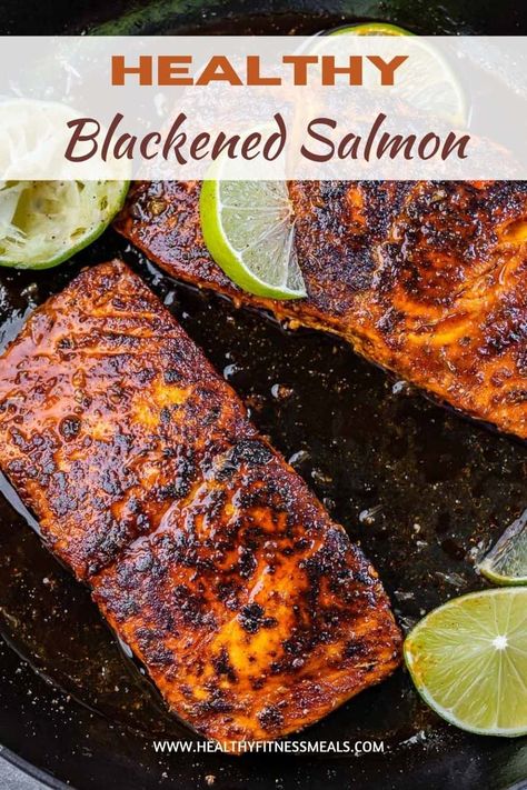 This blackened salmon recipe is started off in a skillet, then baked in the oven until perfection! Flaky tender salmon is delicious with bold flavors and a healthy, low-carb option for dinner! #salmonrecipe #blackenedsalmon #bakedsalmon Blackened Salmon Recipes, Salmon Recipes Oven, Salmon Recipes Baked Healthy, Salmon Marinade, Blackened Salmon, Fish Dinner Recipes, Healthy Salmon Recipes, Healthy Fitness Meals, Easy Salmon Recipes