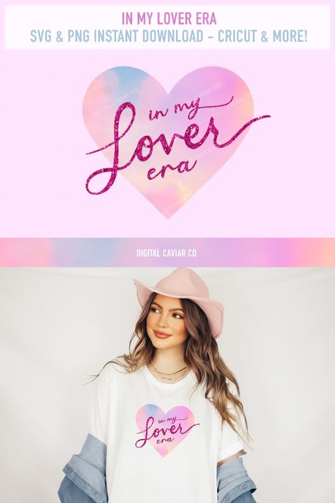 A Taylor Swift themed graphic of a dreamy cloud-filled heart with the phrase "in my Lover era" in hot pink cursive glitter letters on top of the heart. Below is a picture of a cute girl wearing a white t-shirt with the "in my lover era" graphic in the middle of the shirt Lover Shirt Taylor Swift, Taylor Swift Cricut Projects, Taylor Swift Cricut Ideas, Invitations Cricut, Cricut Maker Projects, Taylor Swift Png, Cricut Pins, Taylor Swift Tshirt, Taylor Swift Merch