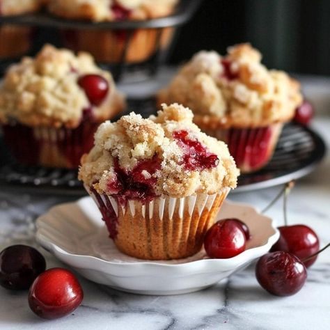 Cherry Cobbler Muffins Homemade Cherry Cobbler, Cobbler Muffins, Cherry Muffins, Fruit Muffins, Crumb Muffins, Comfort Desserts, Canned Cherries, Cherry Desserts, English Breakfast Tea